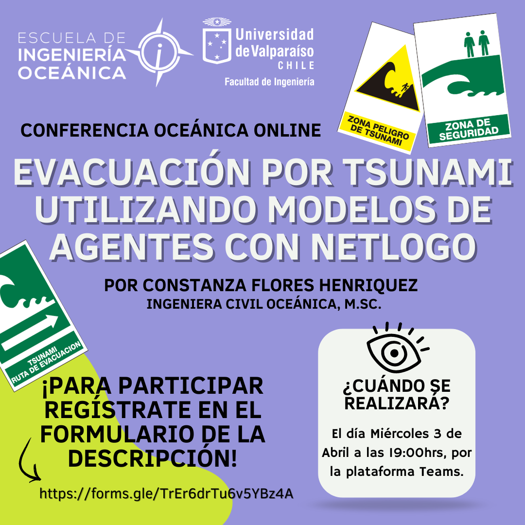 Afiche de la charla de evacuación por tsunami utilizando modelos de agentes con Netlogo
